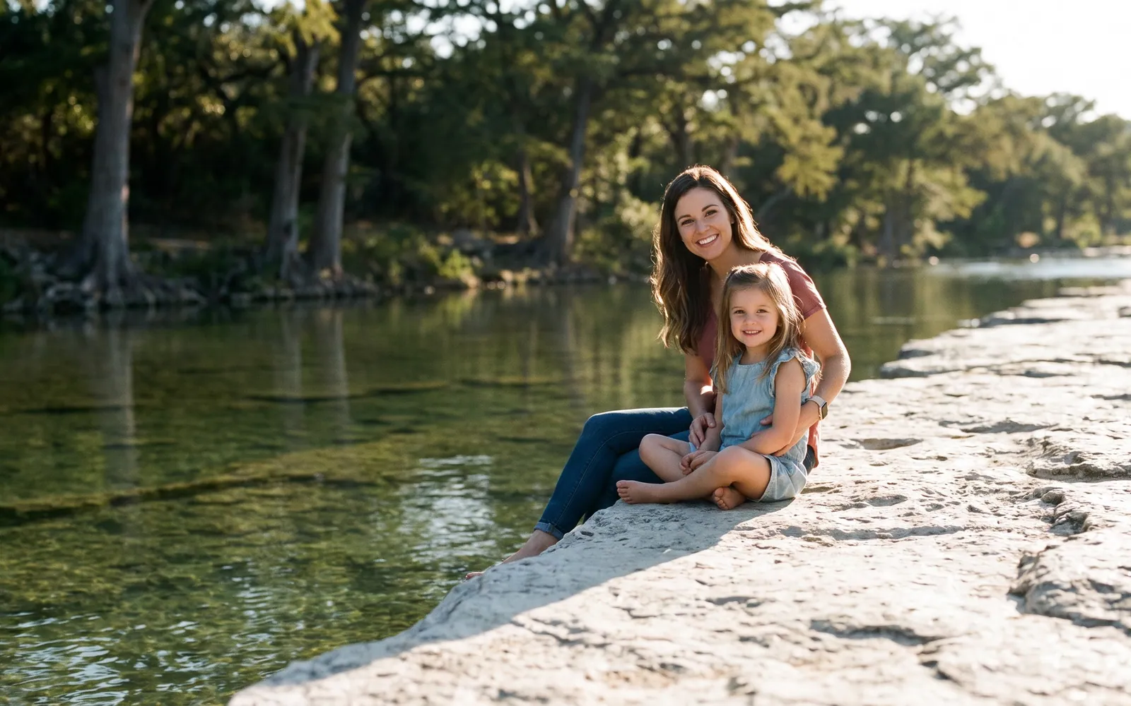Una madre y su hija sonriendo sobre una roca de piedra caliza junto a un río de Hill Country