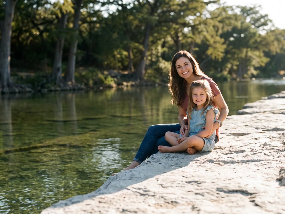 Una madre y su hija sonriendo sobre una roca de piedra caliza junto a un río de Hill Country