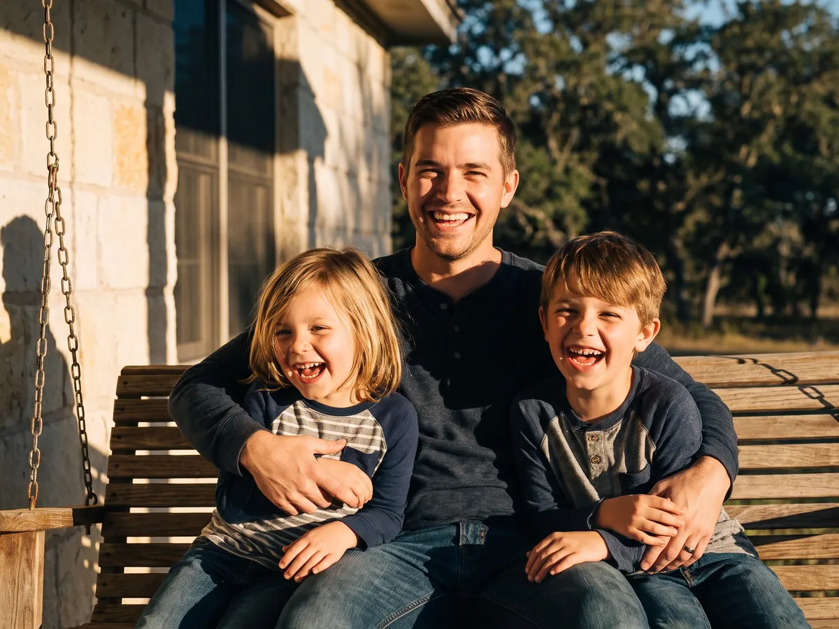 A dad and his two kids laughing on a porch swing